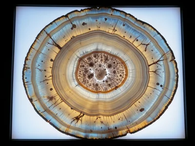 Geode slice on light table, transmitted light revealing translucent zones and op