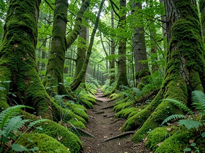 Moss path through forest showing foot traffic
