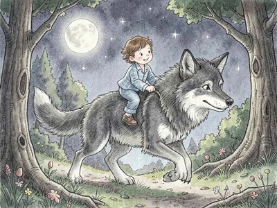 Child riding wolf through moonlit forest