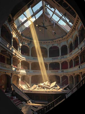 Silent ruin of an opera house with collapsed roof, single golden beam onto stage