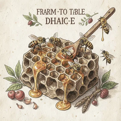 Artisan food packaging illustration, Honeycomb with bees and honey dripping , fa