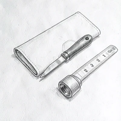 Pen-and-ink composite of a tool roll laid open with utility knife, glazing tool,