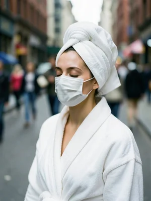 Woman in white robe and towel turban, eyes closed, face mask, serene