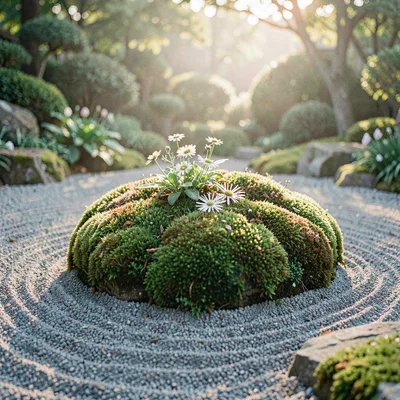 Atmospheric garden photo of a moss island floating in a sea of raked gravel, sof