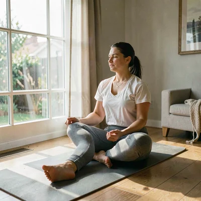 Soft natural light photograph, Yoga practice at home, mat by window, peaceful at