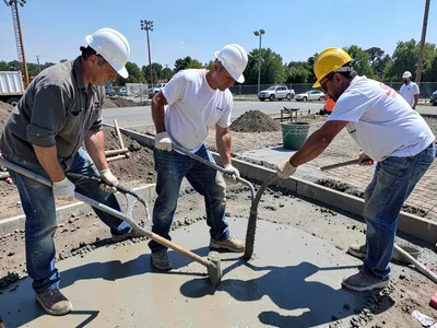 Construction workers pouring concrete at midday, hard hats casting face shadows