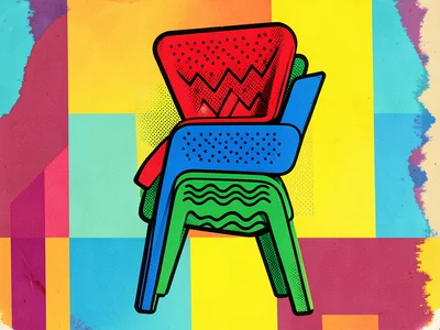 Three stacking chairs in profile — one red, one blue, one green — each with diff