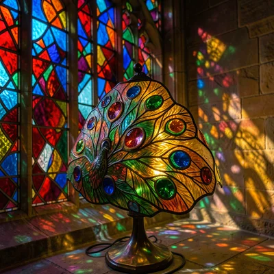 A peacock-design Tiffany lamp close-up, each feather eye a different gem color, 