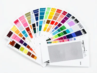 A Pantone color chip fan deck spread open, hundreds of color swatches fanning ou
