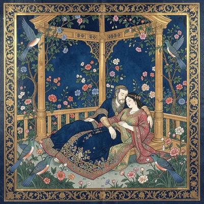 Lovers reclining in a blooming garden pavilion surrounded by nightingales