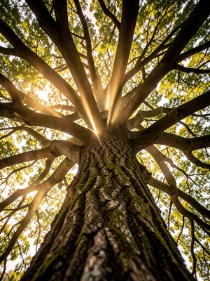 A single old-growth tree photographed from directly below looking up through its