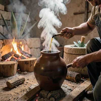 Oaxacan mezcal process, palenque atmosphere, First drops of mezcal emerging from