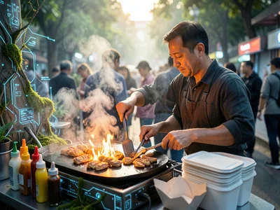 A street food stall cooking scene — a vendor working a large flat griddle loaded