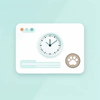 Flat-vector dashboard mock with a stylised feeding-time clock and a paw badge, n