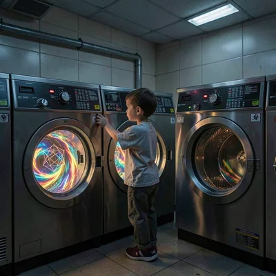 Child watching the swirling colors inside a washing machine