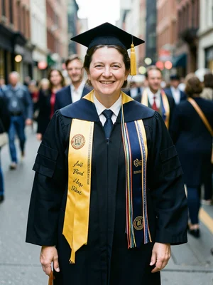 Graduate posing with honor cords and stoles, regalia details, proud