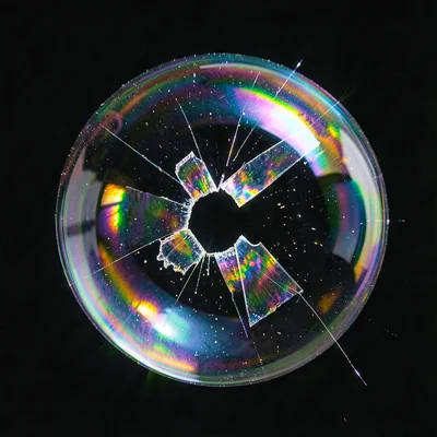 Soap bubble at instant of pop with iridescent membrane fragmenting