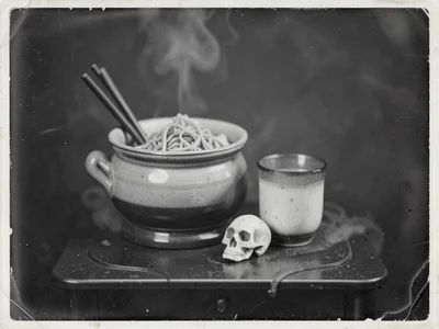 Cup of ramen noodles in a porcelain tureen beside chopsticks, a sake cup, and a 