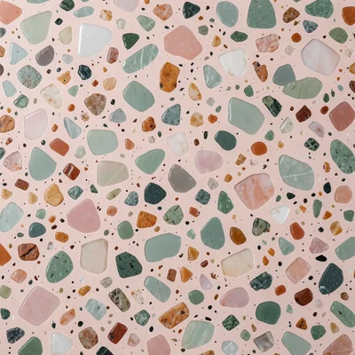 Jesmonite aggregate: resin-based terrazzo with millennial pink, sage green, and 