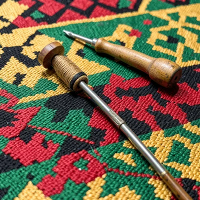 Shuttle and bobbin on woven kente surface — tools resting on completed strip
