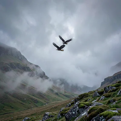 Highland atmospheric mist, Skye grey-green-purple, Eagle circling above glen, wi