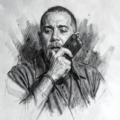 Loose charcoal portrait of a song plugger on a phone, smudged shadow