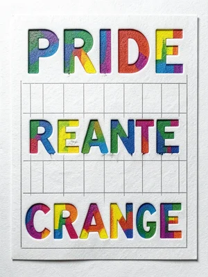 Pride poster printed in deep impression, rainbow inked letters on white cotton