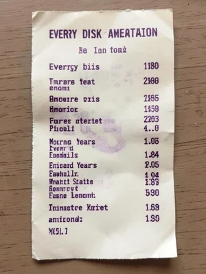 A receipt from a fictional restaurant where every dish is an emotion, prices in 