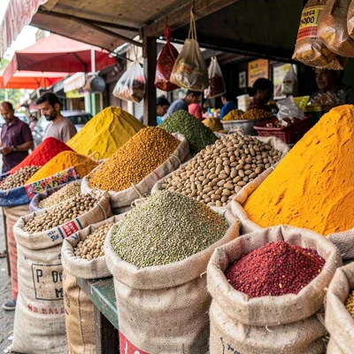Spice market stall with open sacks of cardamom, cumin, coriander, turmeric creat