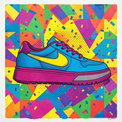 A single sneaker in profile with an exaggerated thick sole, the upper in electri