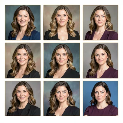 Square grid of nine creator-portrait tiles, each in a different jewel tone