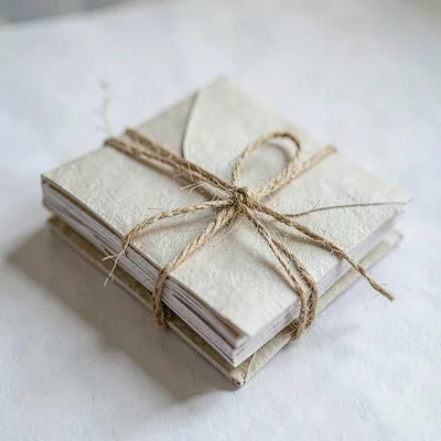 Folded craft paper sculpture in the shape of a closed magazine tied with hemp tw