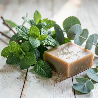 Botanical still life of fresh mint and eucalyptus stems beside a freshly cut soa