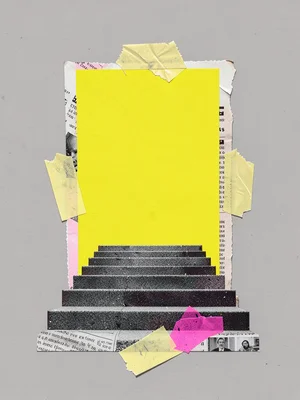 Beneath a torn photographic stairway leading up into a fluorescent yellow rectan