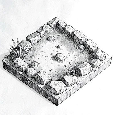 isometric drawing of a tide-pool exhibit with rocks