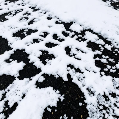 Snow on dark surface leaving negative space pattern of leaf that melted it