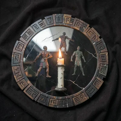 Obsidian mirror disk on dark cloth — reflective surface catching a candle flame