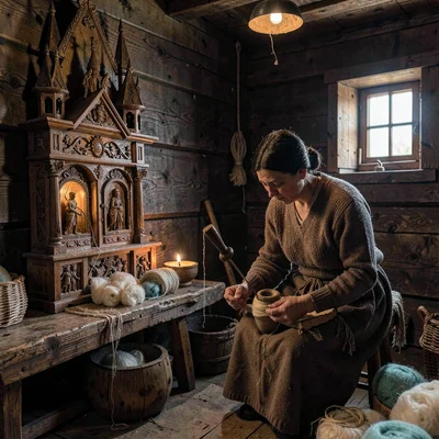 Maramures wooden craft, hand-carved church detail, A woman spinning wool in a da