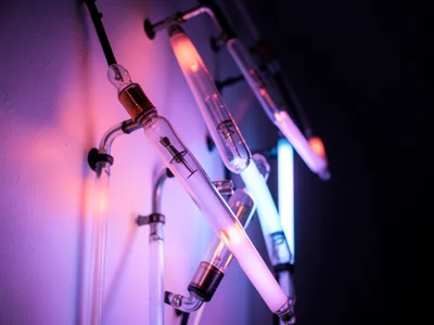 Argon tubes in lavender creating a soft, ethereal glow, the light washing over a