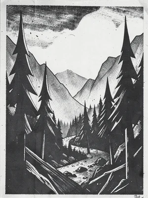 Mountain pass in fog, pine trees as angular spear-like forms