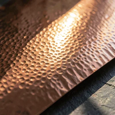 Material study sidebar of a hammered copper sheet catching grazing light