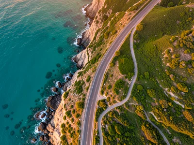 A winding coastal road from above, the road hugging cliffs, turquoise sea on one