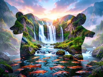 Bear silhouette filled with salmon-filled river and waterfall, double exposure