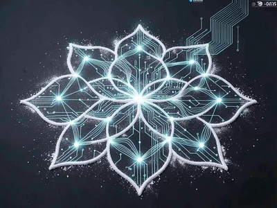 Traditional lotus kolam as server rack topology, each petal a node with flowing 
