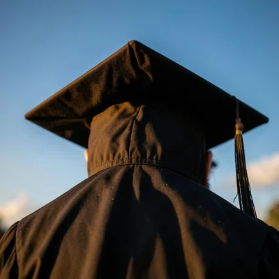 Close-up of mortarboard cap with tassel against blue sky, low angle
