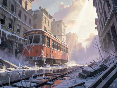 Frozen ruined city street at low sun, single shaft through ice mist, warm coral 