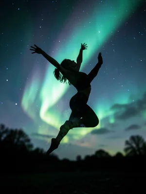 Dancer mid-leap silhouette filled with northern lights aurora, double exposure