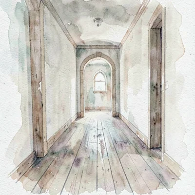 Quiet washy rendering of a long heritage corridor with worn floorboards and a si