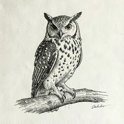 Pen-and-ink study of a watchful owl on a wooden perch, fine hatching, calm cream