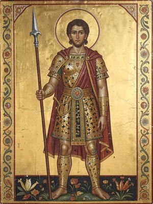 Warrior standing with spear upright, lavish mosaic tesserae clothing
